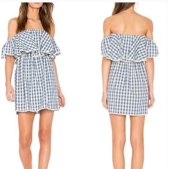 MISA Los Angelos Dress Womens Small Blue Belu Gingham Off Shoulder Mini Linen‎